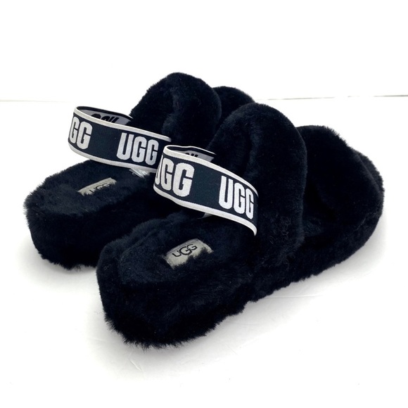 Ugg Oh Yeah Fur Double Strap Flat Sandals In Black Size 10 - Picture 9 of 11